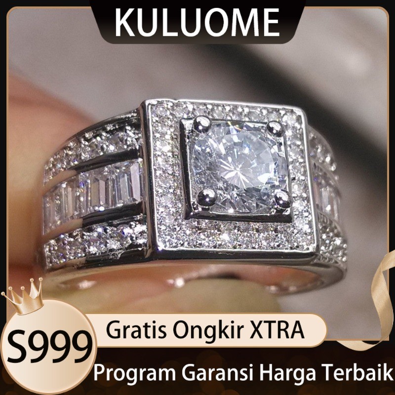 KULUOME Cincin Berlian Pria Emas Putih 18k 2 Karat Cluster Berlian Penuh s999