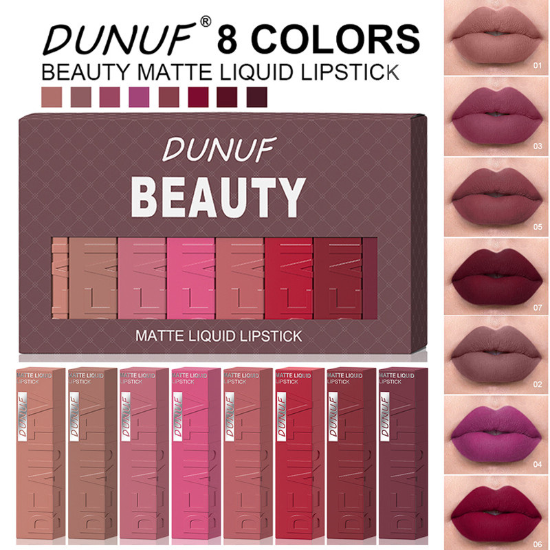 8 Buah/Kotak Lipstik Beludru Matte Set Mudah Diwarnai Kit Lip Gloss Tabung Persegi Tahan Air Membuat