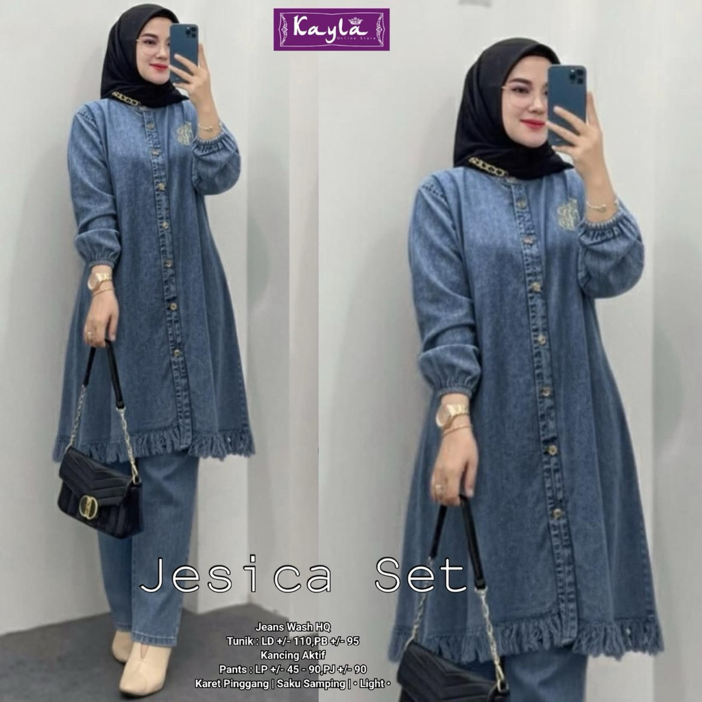 ada grup reseller tanyakan admin ya  Jesica Set  Kayla• Setelan Tunik Celana Jeans Best Seller er el