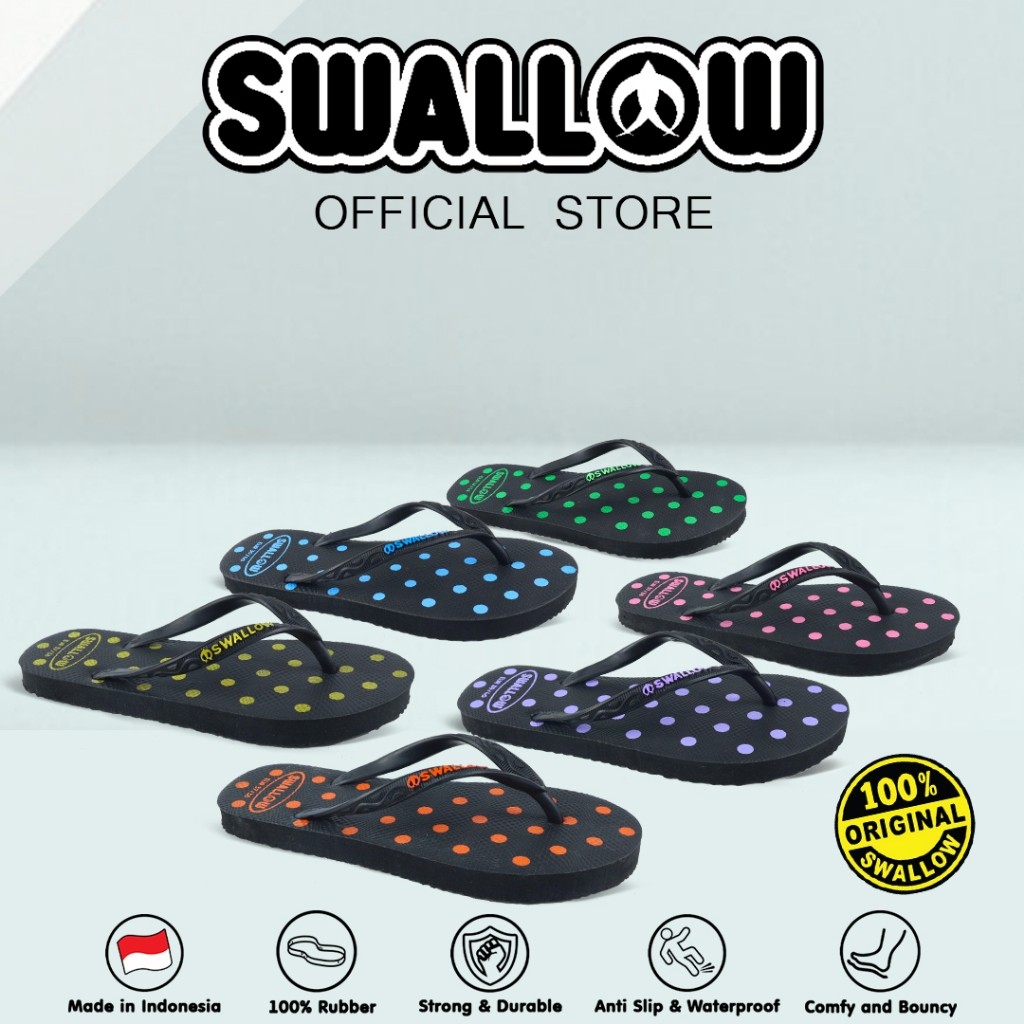 Swallow Sandal Jepit Black Polkadot - Sendal Karet Wanita Pria Anti Selip
