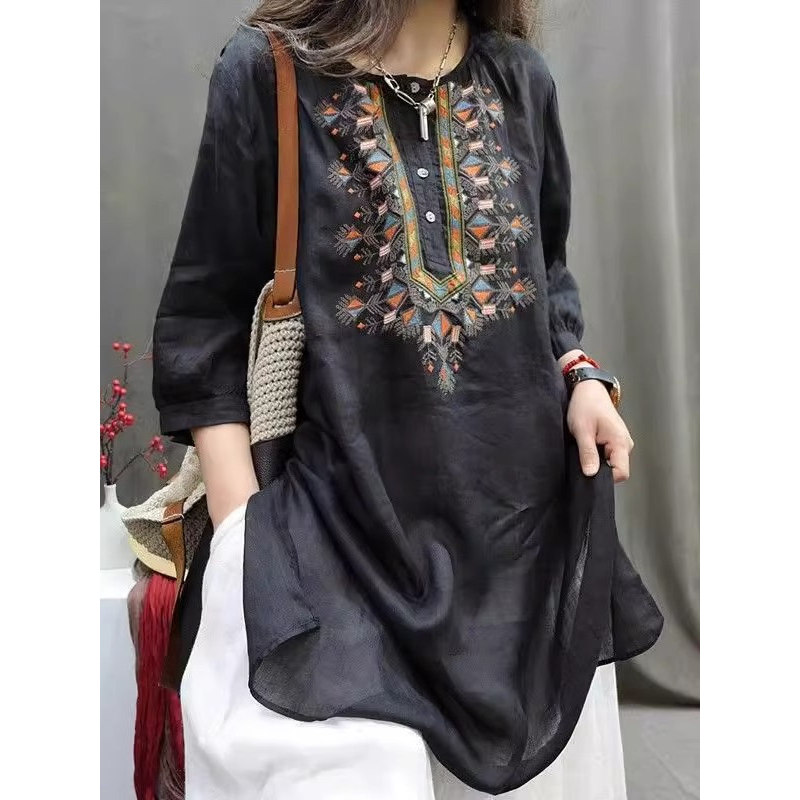 Baju panjang Cina baru katun wanita dan atasan cheongsam linen