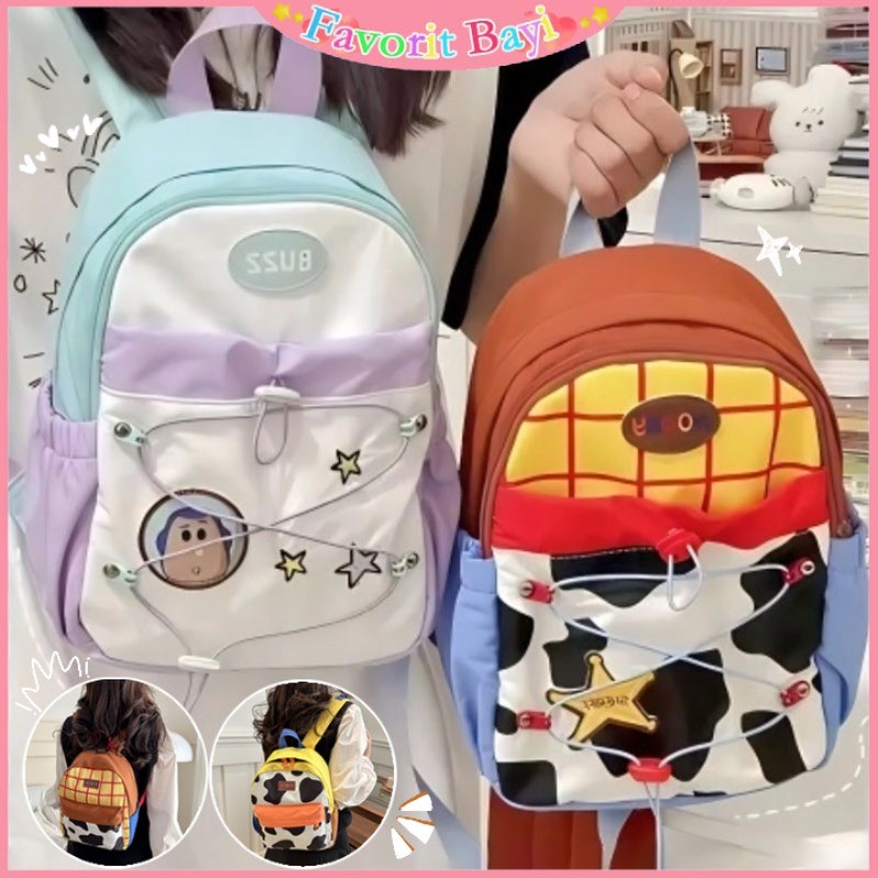 Tas Sekolah Warna Kontras Yang Lucu / Ransel Pelajar Desain Tali Serut / Tas Ransel Wanita Kapasitas