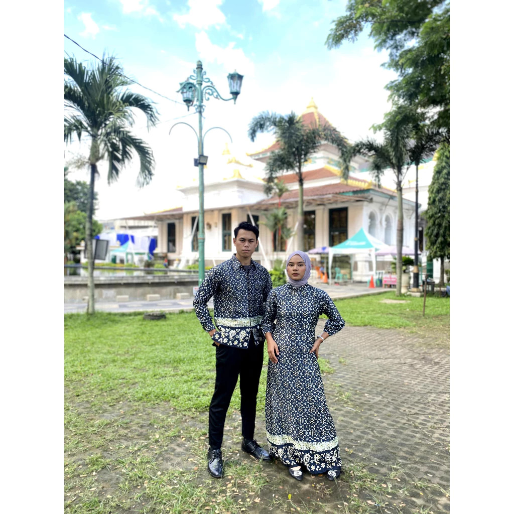 Yoko Songket Baju Couple Palembang Warna Navy Motif Titik 7 Pasangan Pria Wanita Batik Terbaru