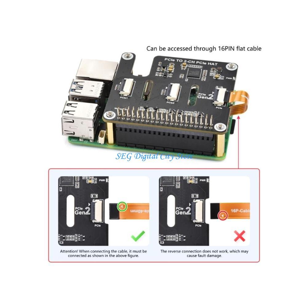 U75B PCIe to 2CH PCIe HAT Adapter Double Connector Stackable PCIe HAT Expand PCIe 16PIN Cable Suppor