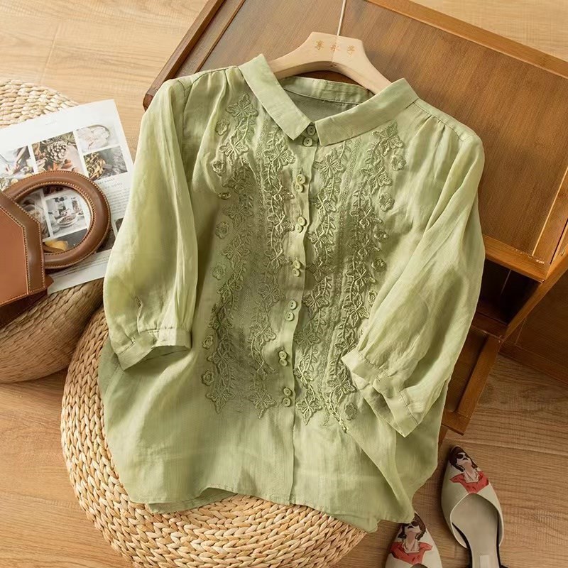 Kemeja Katun Linen Bordir Lengan Tiga Perempat dengan Desain yang Menarik Blus Katun Linen