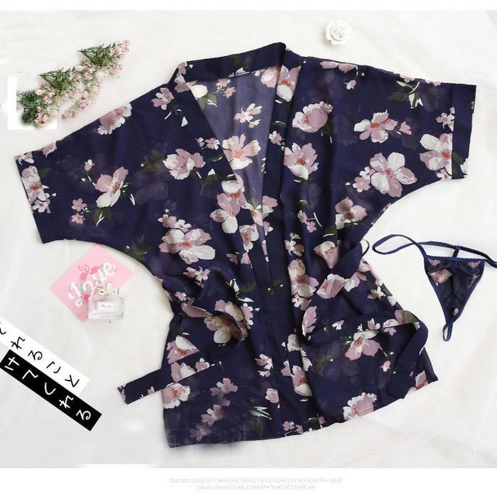 kimono Wanita Baju tidur Bahan sifon Motif bunga A187 Satin - Navy, All Size