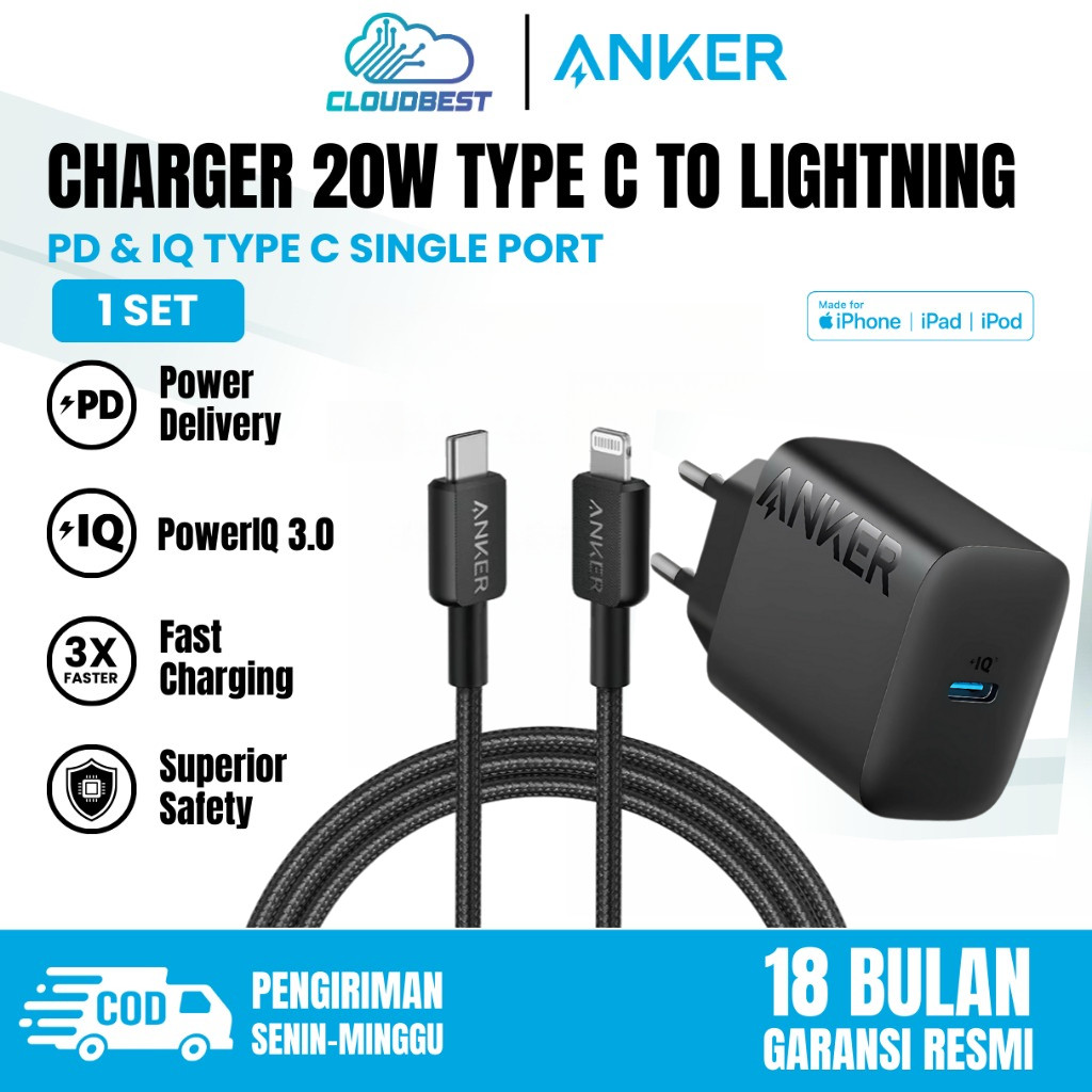 ANKER Charger for iPhoneType C To Lightning Fast Charging 20W Black