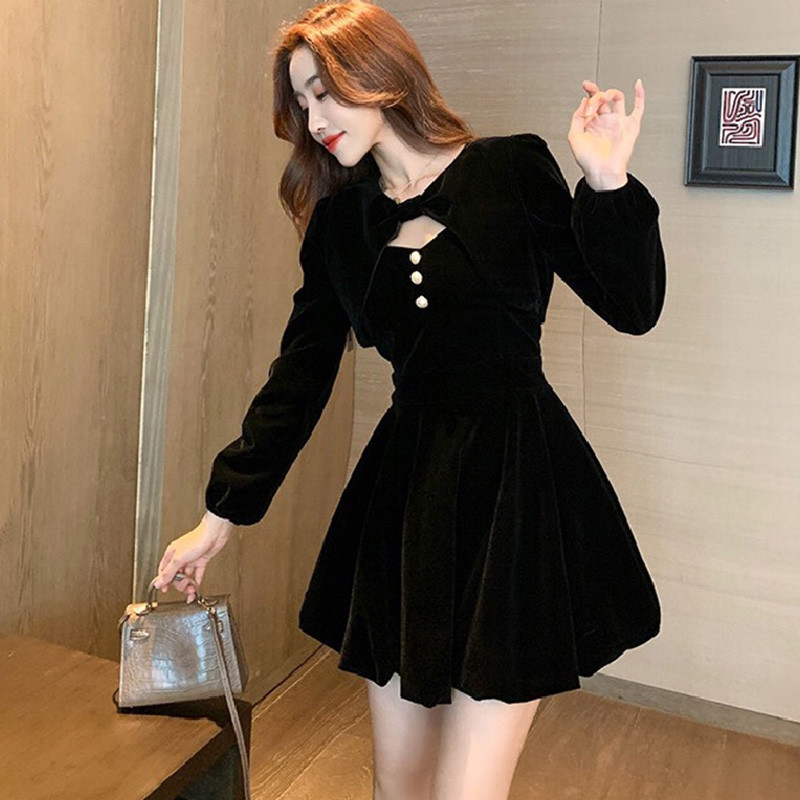 Fairy Evening Dress Hitam Polos Gaun Pesta Mewah Elegan Lengan Panjang Wanita Kekinian Casual Dress