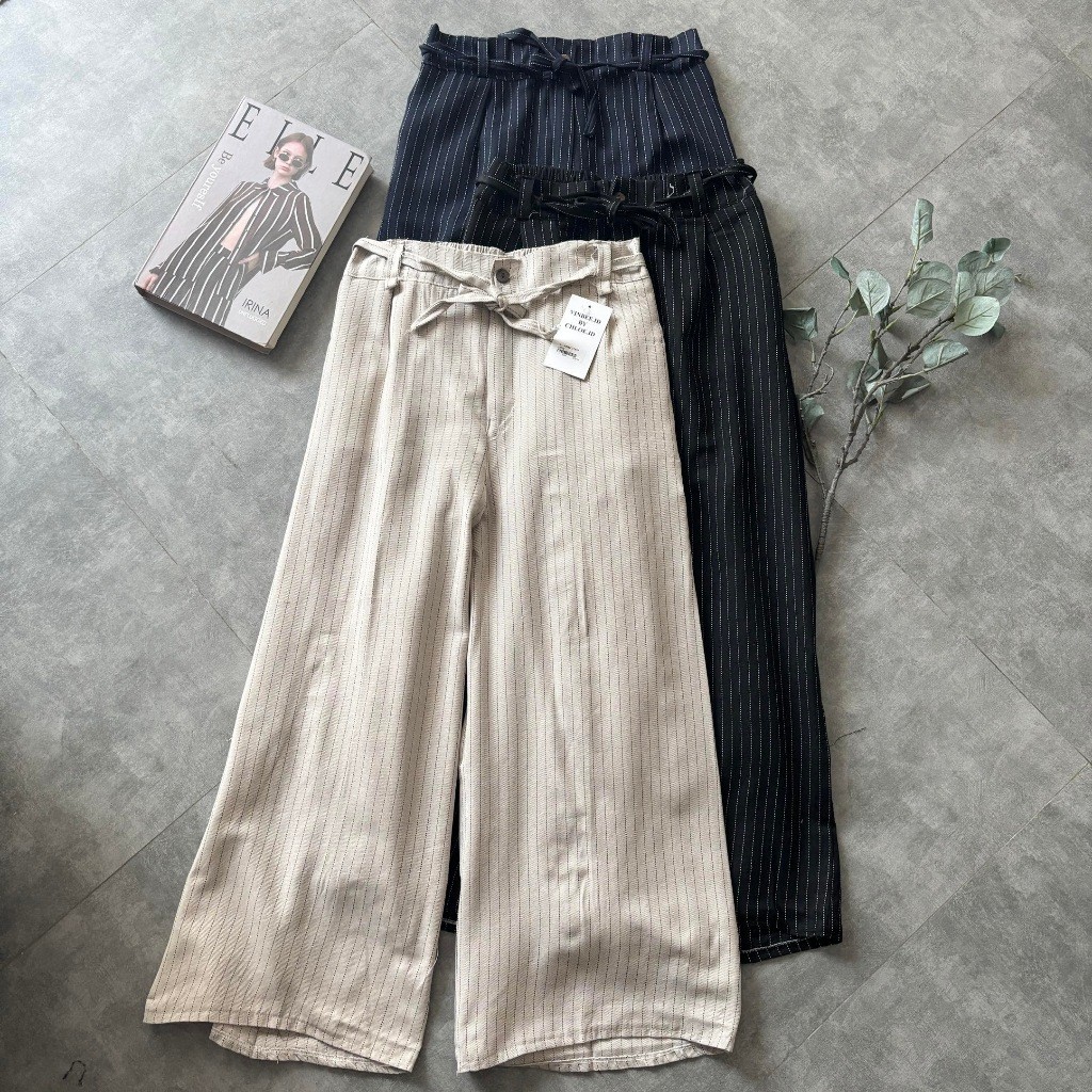 MAYEZ Kulot Stripe Tali Semi Wool - Celana Kulot Highwaist Salur Tali Bisa Di Atur - Celana Panjang 