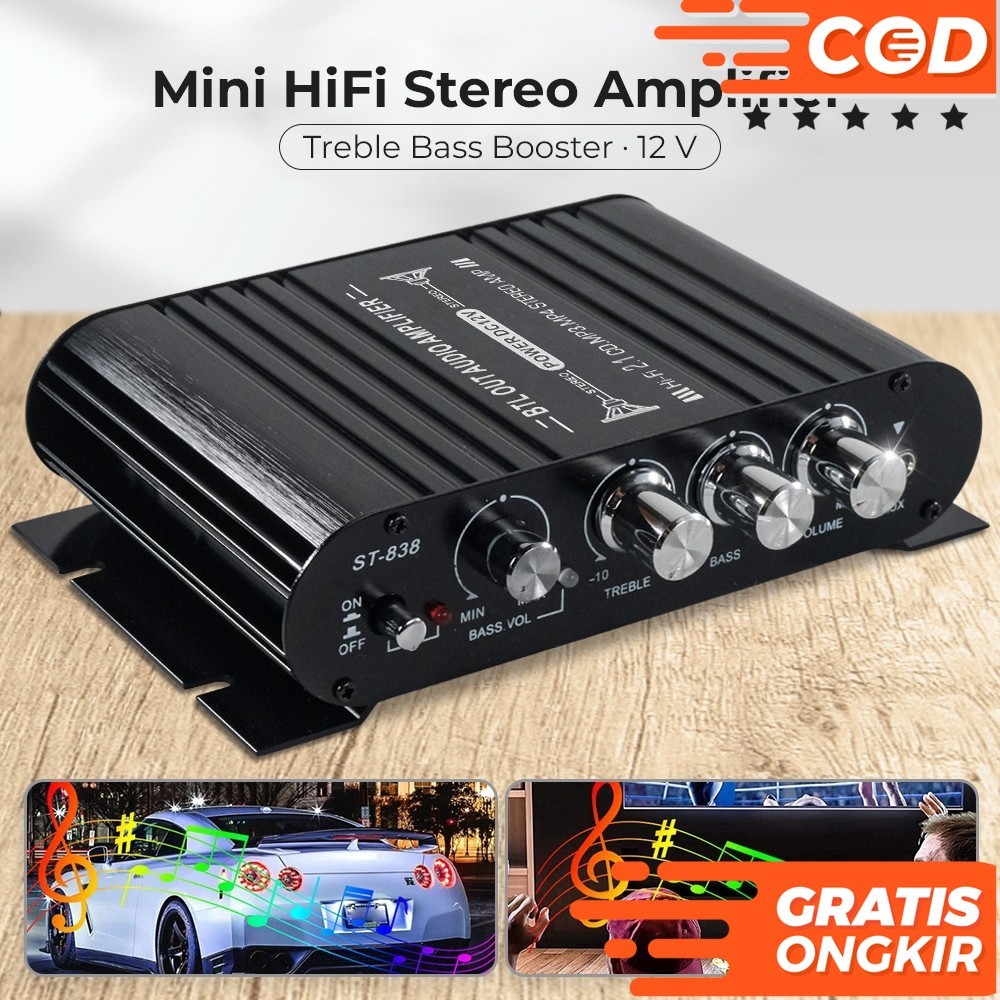 LVPIN Ampli Amplifier Mobil Rumahan Mini HiFi Stereo Amplifier 12V Treble Super Bass Booster -ST-838