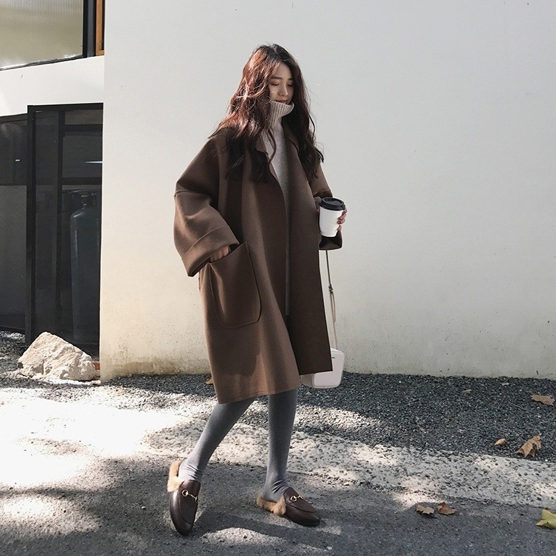 Mantel Wol Wanita Panjang Sedang Trench Coat