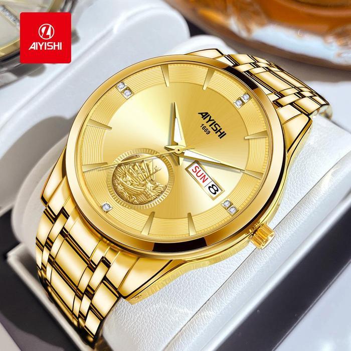 AIYISHI Fashion Golden Smooth Sailing Design Watch Automatic Quartz Watch Dual Calendar Luminescent 