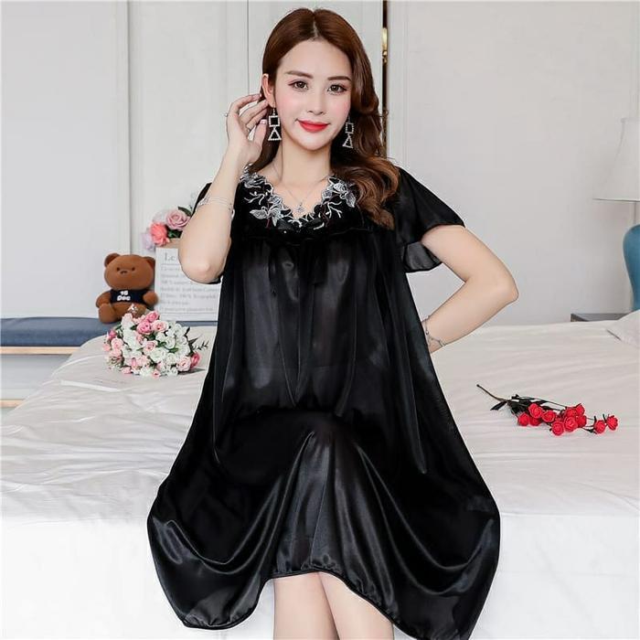 BISA COD - Vergo - Dress RENDA BUNGA PUTIH PY 134 / Baju Tidur Wanita Jumbo - Hitam Termurah