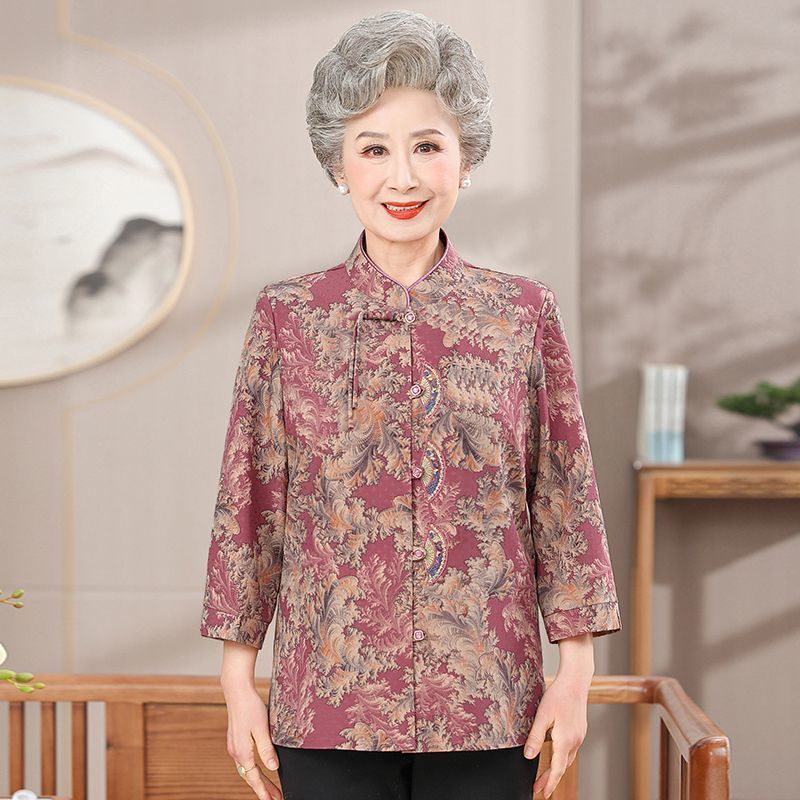 Bangsa angin cetak berdiri kerah kaos nenek pakaian musim panas orang tua buckle top