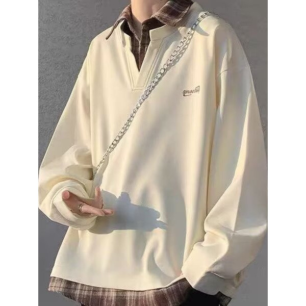 Kemeja Kerah Sweatshirt Palsu Dua Potong Vintage Plaid untuk Pria