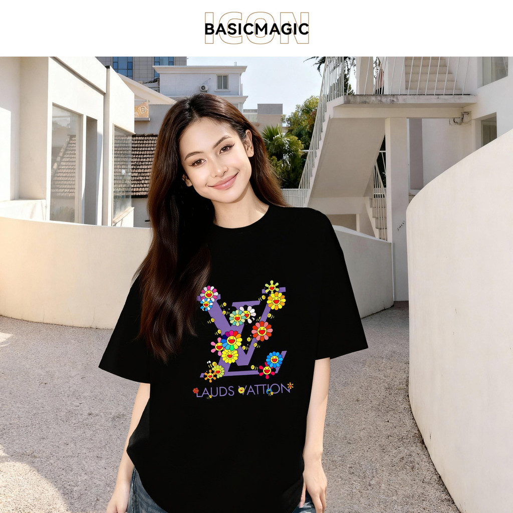 Kaos Lengan Pendek Longgar Cetak Bunga Hitam  kain katun adem  kain katun polos premium  0372