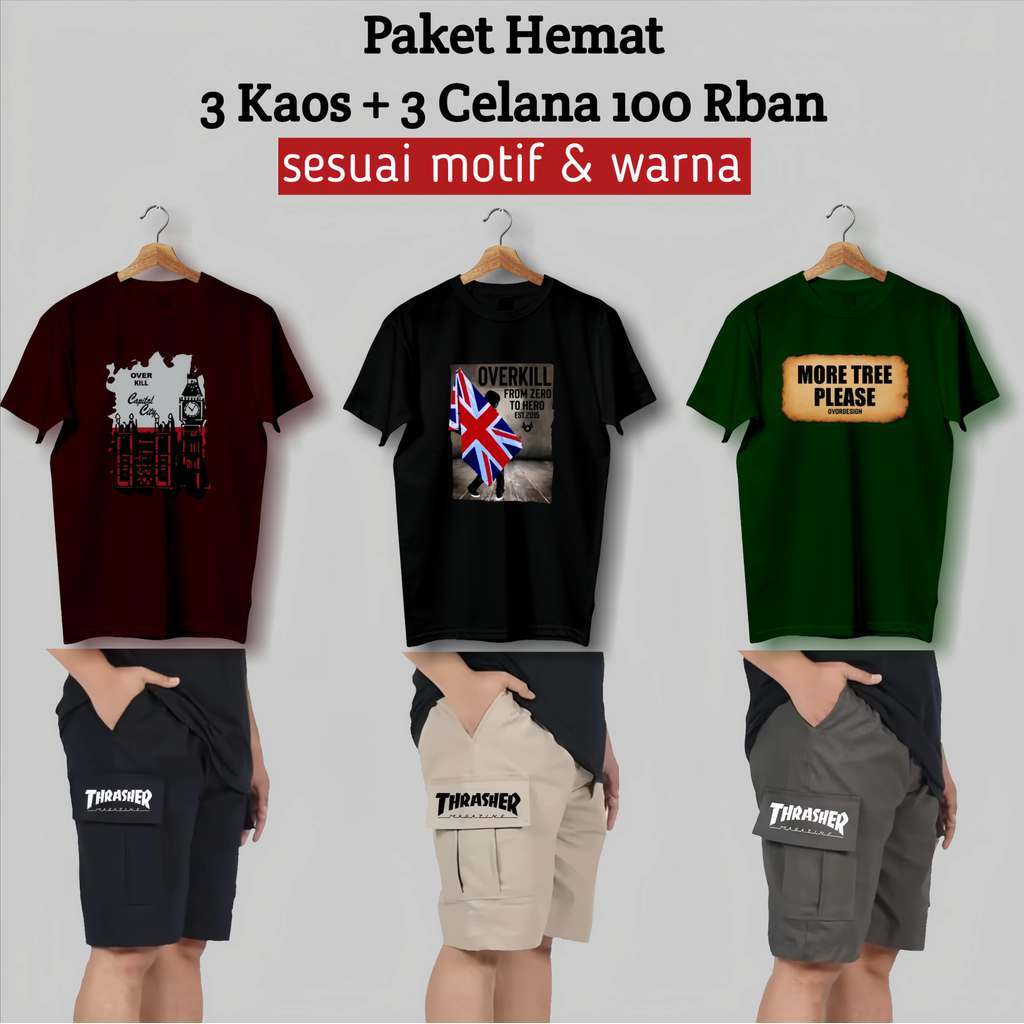 PROMO!! (REAL SEPERTI DI FOTO) PAKET HEMAT 100 RB DAPET 3 KAOS + 3 CELANA CARGO PENDEK PRIA D