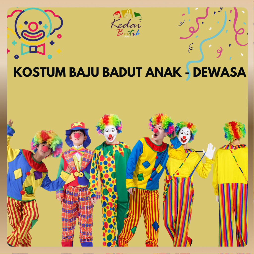 KEDAIBUTIK (K04) Perlengkapan Badut Kostum Baju Set Hidung Sepatu dan Rambut Badut Acara Cosplay Ula