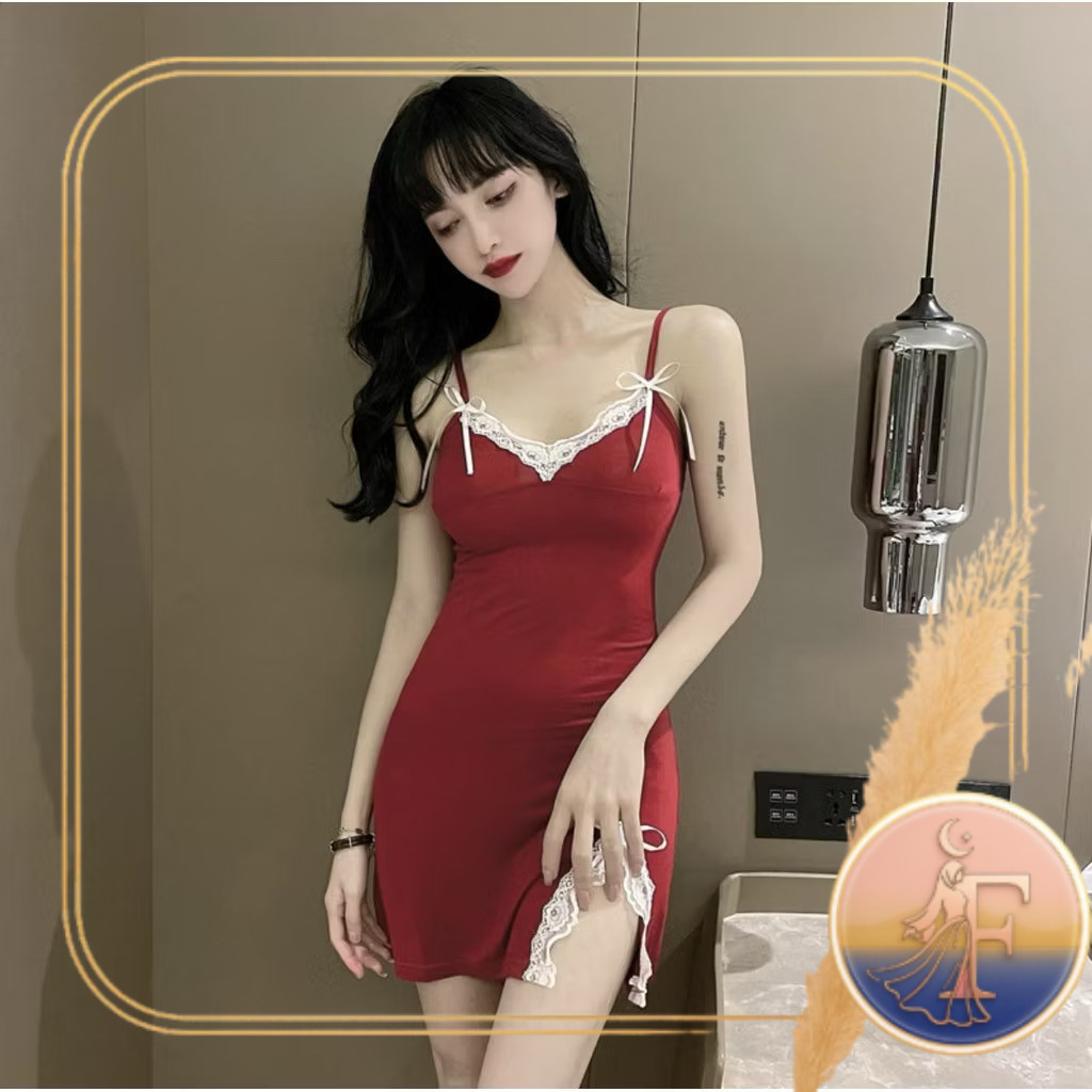 Seksi Lingerie  Wanita Mini Daster Gaun Babydoll Transparan Desain Nyaman Merah 0018