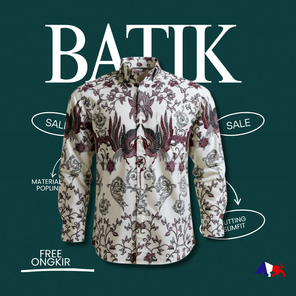 RICARDO RICARDO Kemeja Batik Slim Fit Red – Cotton Poplin, 1 Saku, Stylish & Cool  32418