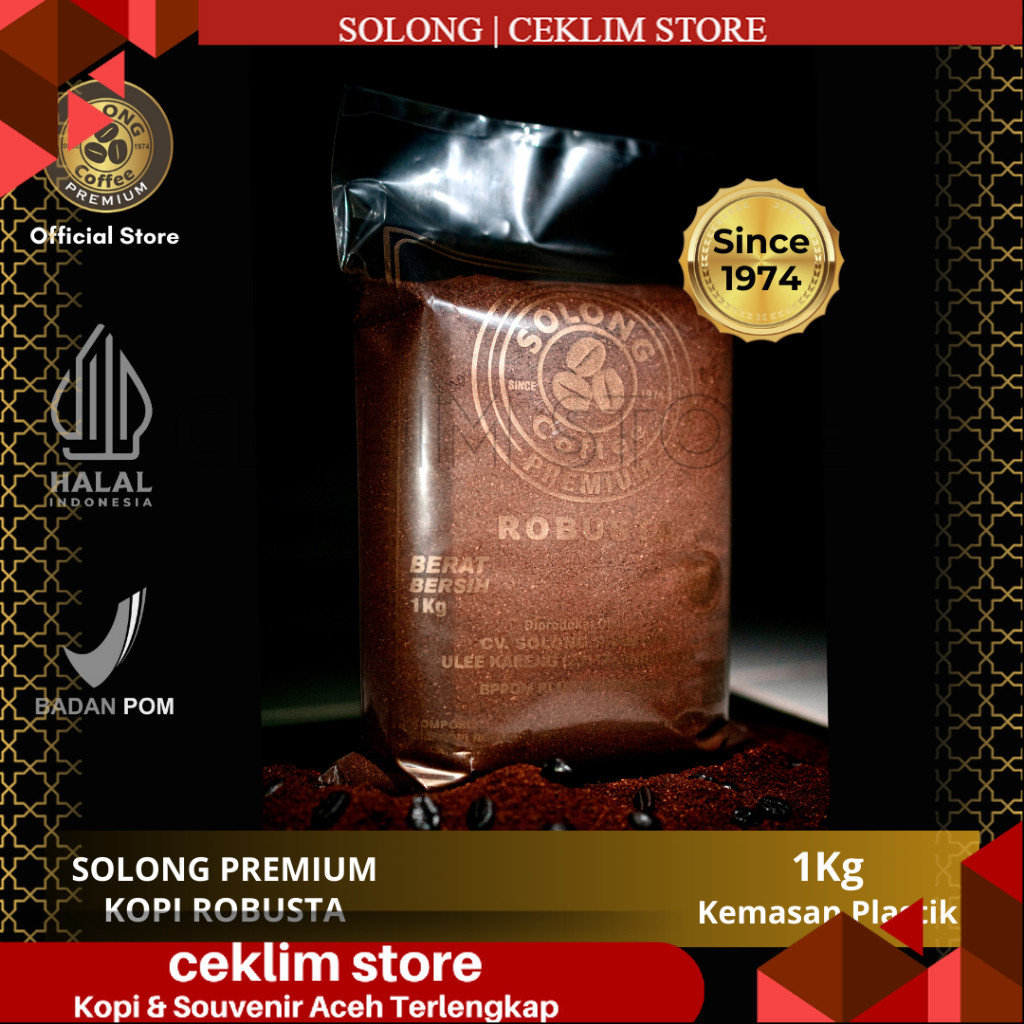 SOLONG PREMIUM  Kopi Robusta Aceh 1 Kg - Biji Kopi/ Bubuk Kasar/ Bubuk Halus - Kemasan Plastik