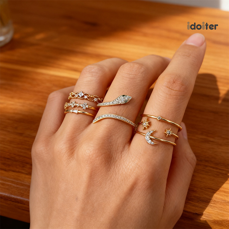 Idoiter Cincin Set Ring 7pcs / Set Anti Karat Cincin Rantai Emasterbuka Gaya Retro Untuk Aksesoris