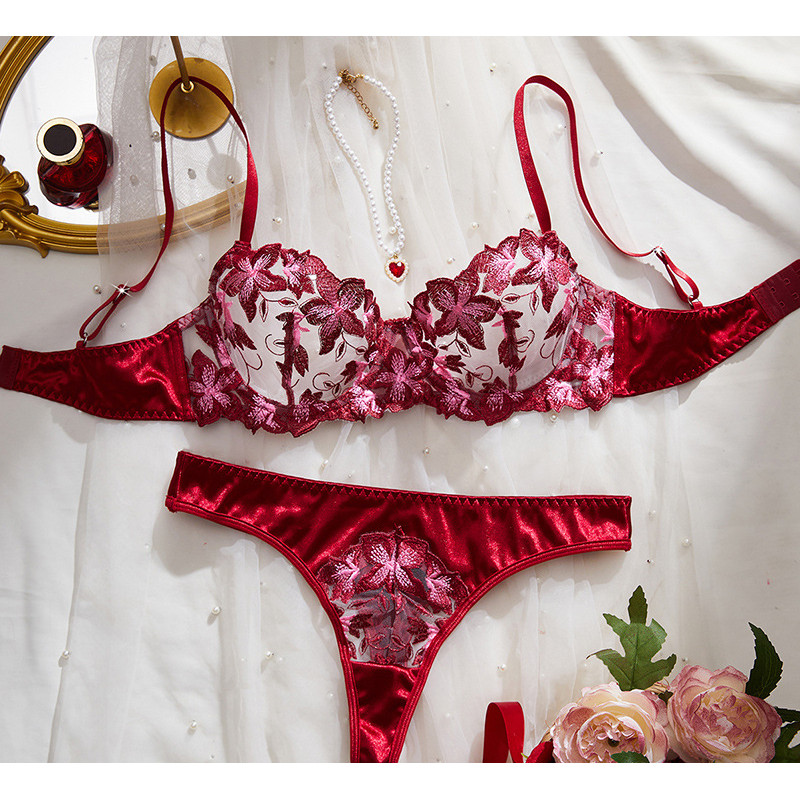 [Miss Lace]Set bra transparan lingerie seksi bersulam dengan kawat bra cup tipis push-up