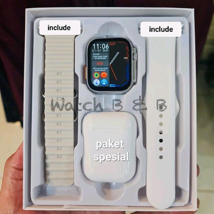 Smartwatch Paket Ultra 2 tali + earphone bluetoth - Hitam