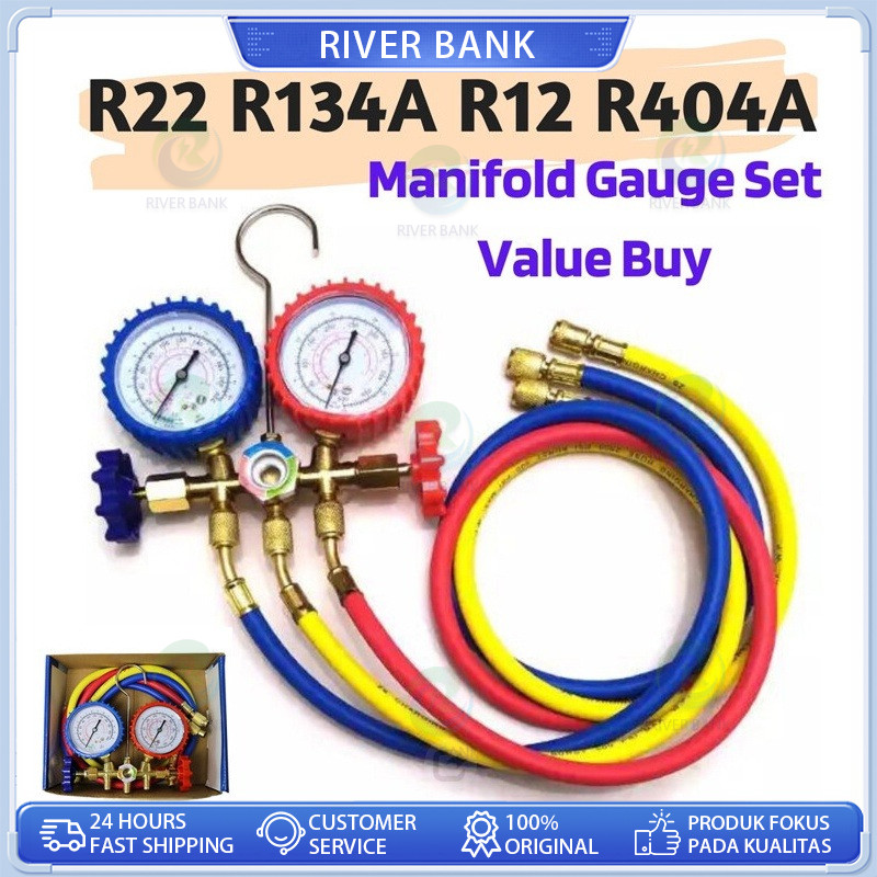 siap Paket komplit isi AC mobil R134a double manifold Manifold Double R22 R134 R404 R32 AC Double Ma