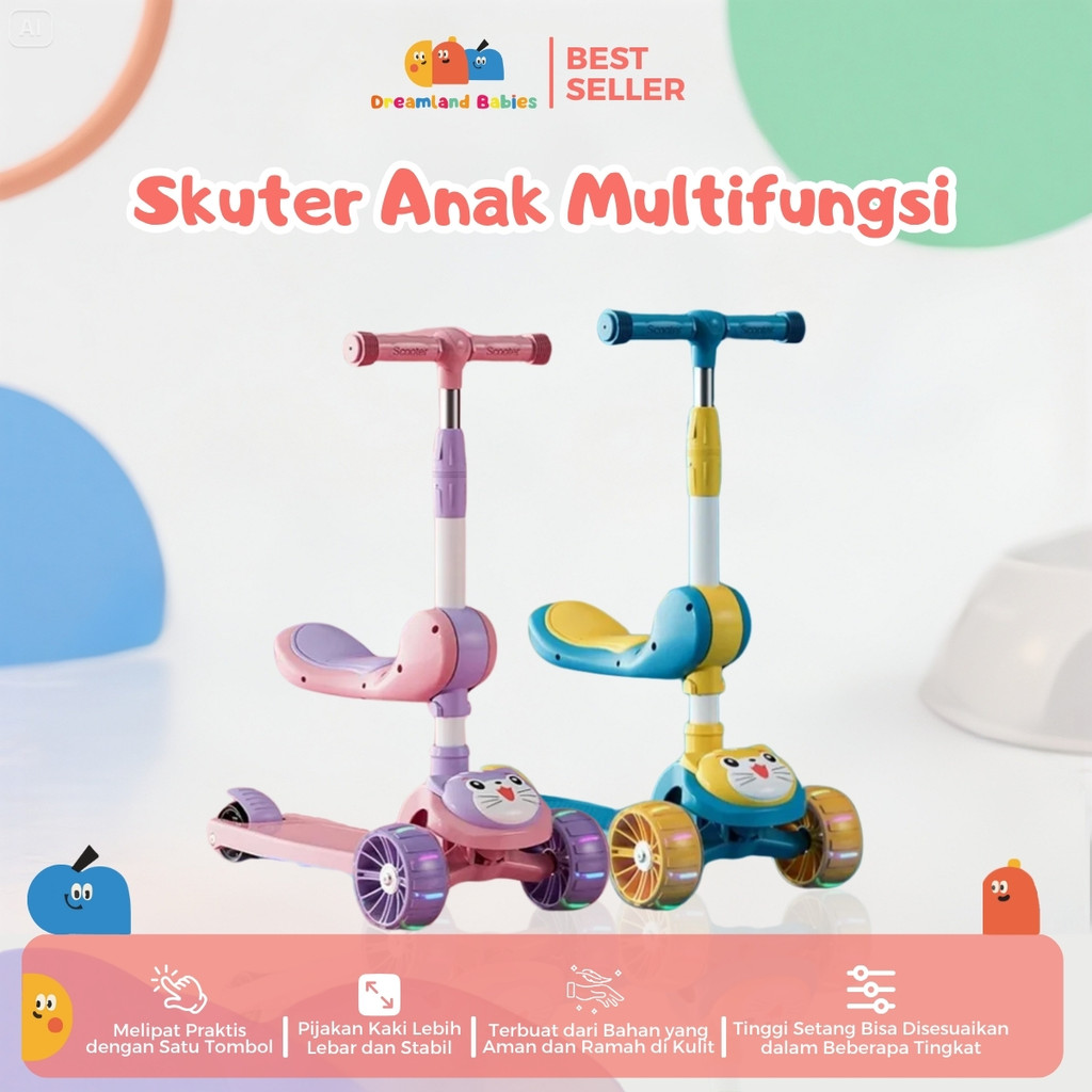 Skuter Anak 3-12 Tahun Roda 3 Dengan Tempat Duduk Scooter Lipat Dengan Lampu Roda Nyala Bangku