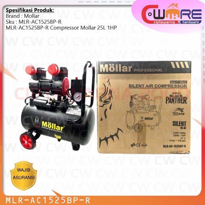 Mollar AC1525BP-R Kompresor Angin 1 HP 25 Silent Oilless Black Panther