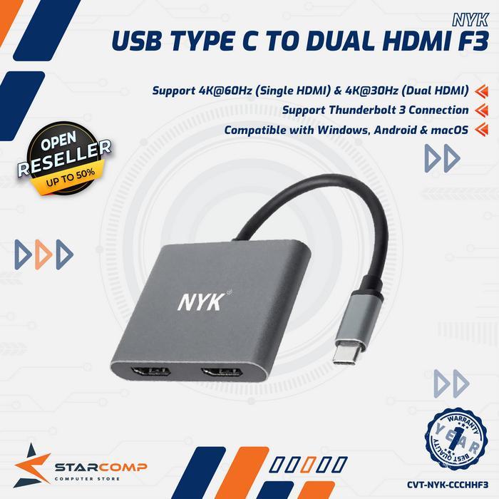 NYK Converter Type C to 2 HDMI F3 Adapter USB C to Dual HDMI