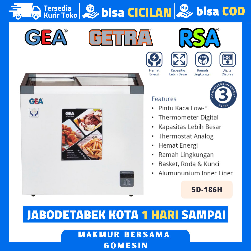 Chest Freezer Sliding Gea Sd-186H Freezer Sliding Kaca Flat Kapasitas 210 Liter