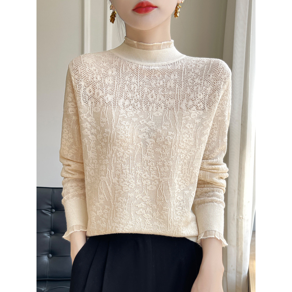 Kemeja Dasar Renda Wanita Berkualitas Tinggi  Atasan Rajut Bergaya Kerah Setengah Tinggi