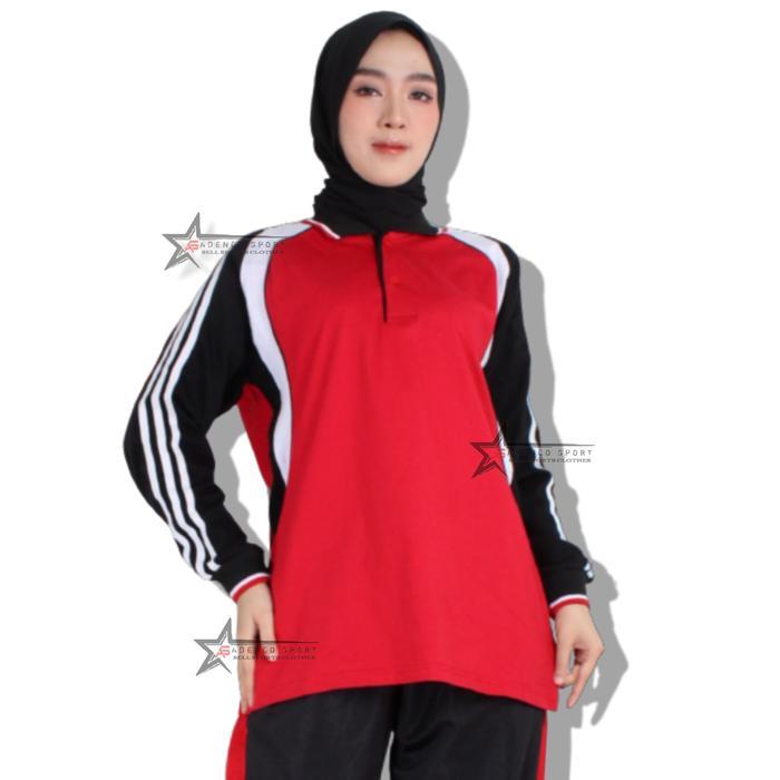 Baju olahraga lengan panjang / atasan baju olahraga Sport Muslim - merah, M