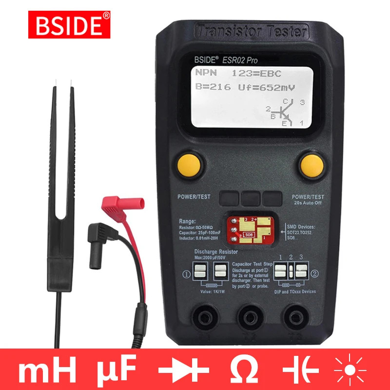 BSIDE gital Transistor ESR02 PRO Tester SMD Components ode Triode Resistor Capacitor Inductor Meter 