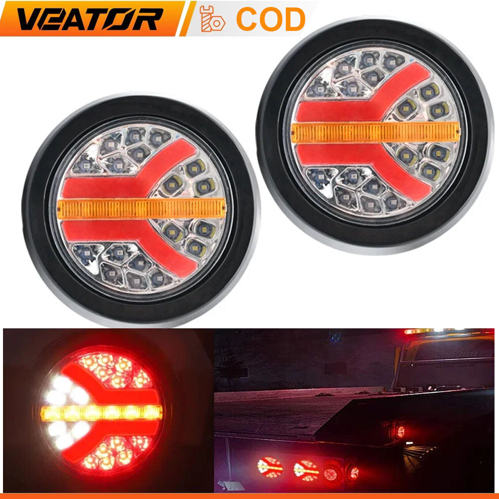 Lampu Belakang Dinamis LED Bulat Tahan Air 12V 24V dengan Lampu Mundur, Rem, dan Stop yang Tertutup 