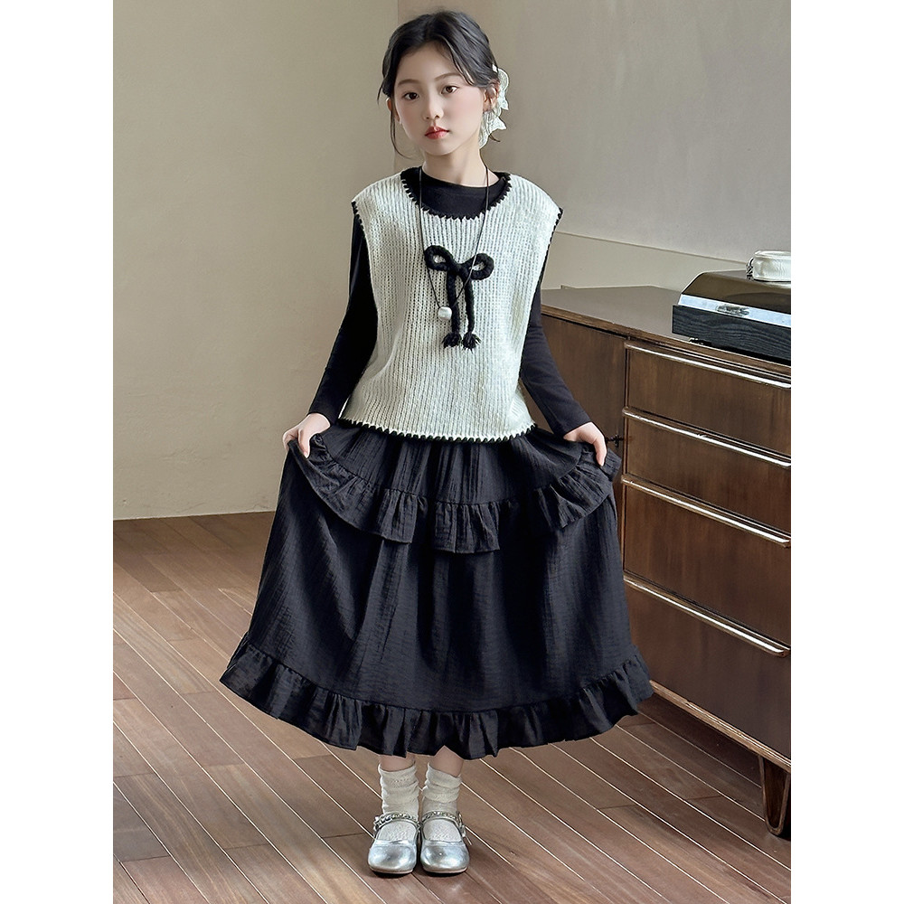 Set Rompi Anak Perempuan Sweater Rajut Besar Rompi Dasar Kemeja Rok Setengah