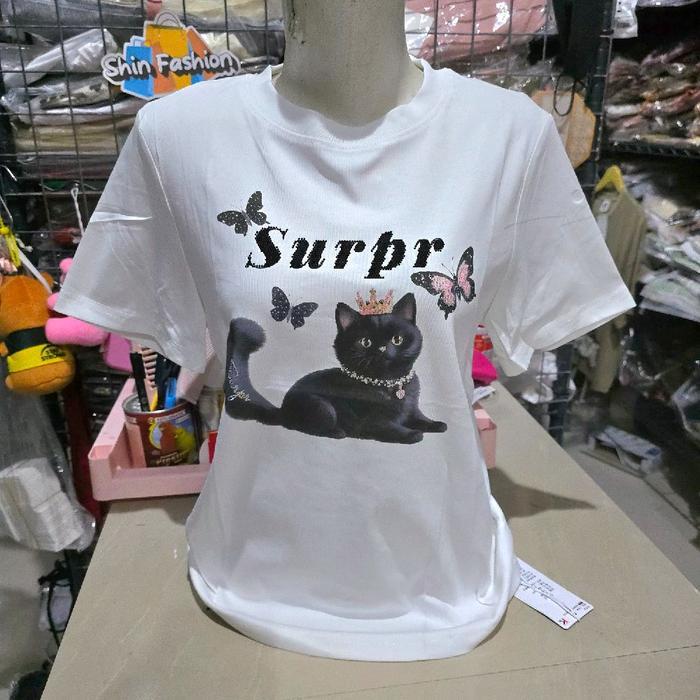 Kamaya Kaos Lengan Pendek Wanita Motif dan bahan terbaru - Meow Hitam, S LD85