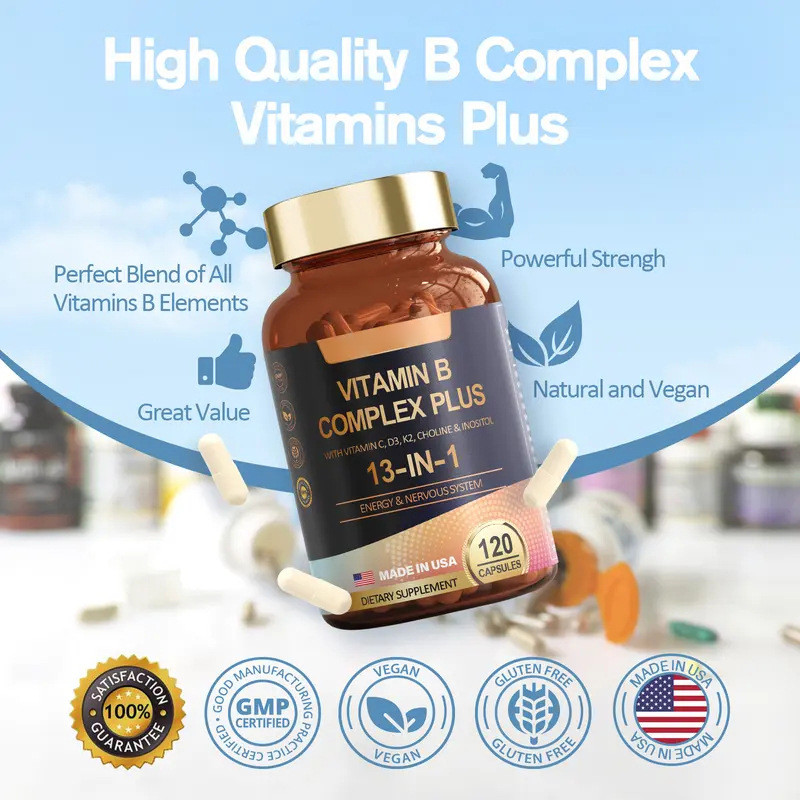 Vitamin B Complex 13-in-1 Plus C, D3, K2 For Energy, Nerves & Skin, 120 Capsules CO3067