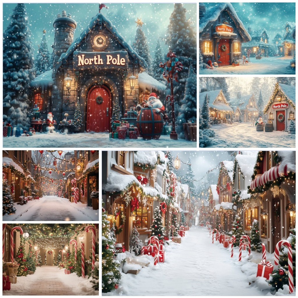 North Pole ristmas Decorations Backdrop Snowy Village Santa Elf Candy Decor For Family Kids Holiday 