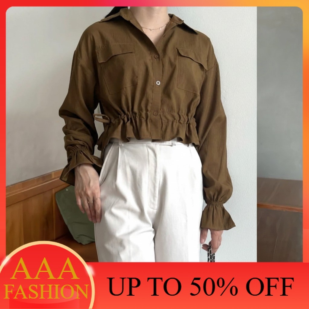 AAA FASHION Atasan Wanita LONGSLEEVE SERUT POCKET Atasan Kekinian