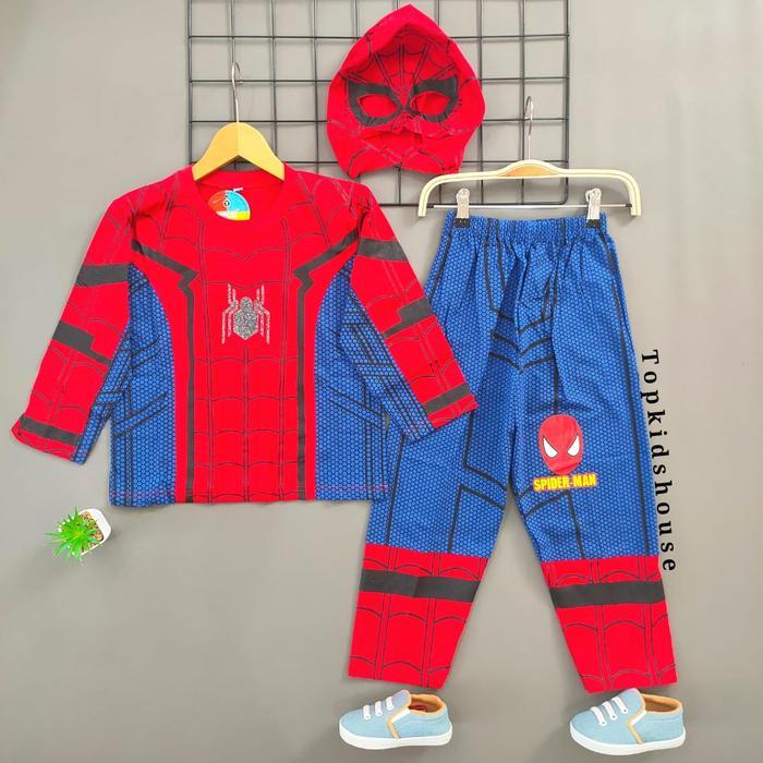 Setelan Baju Kostum Anak Laki Superhero Lengan Panjang Topeng Kain Bahan Kaos Katun - Spiderman 2, S