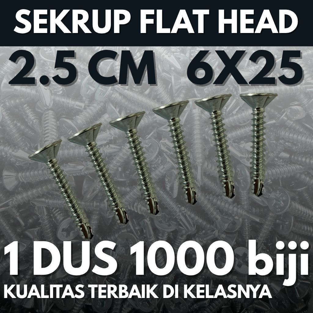 SDS FH / Sekrup Flat Head 6x25 (2.5cm) (1 dus isi 1000 biji) - Kepala Datar / Sekrup GRC / Baut Flat
