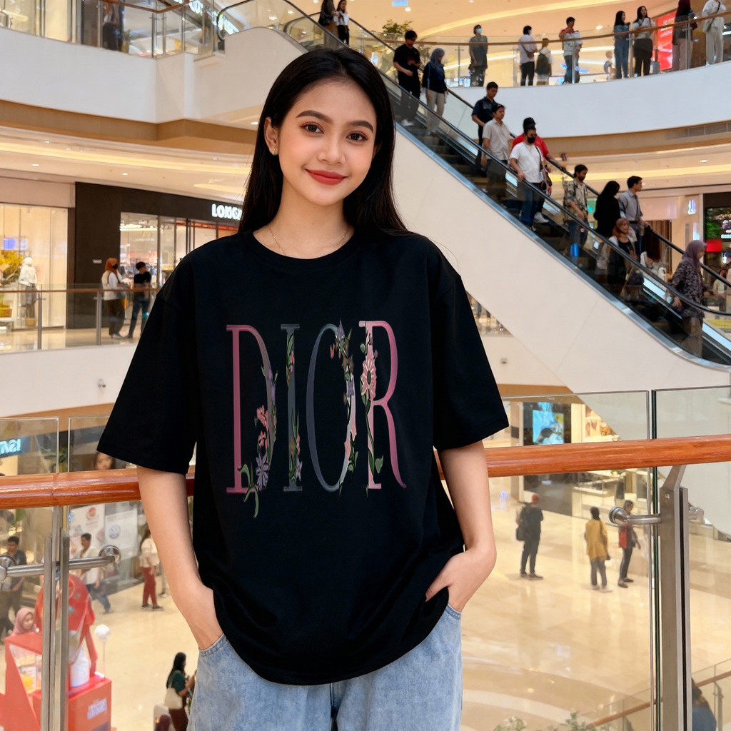 Distro Original 100% Floral Dior Logo Design Kaos Wanita Oversize Santai Pakaian Atasan Wanita untuk