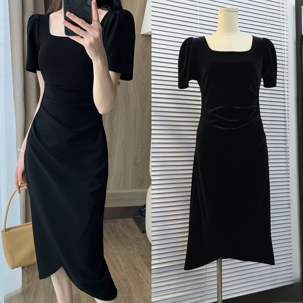 Baju Dress Hitam Polos Press Body Lengan Pendek Selutut Gereja Wanita Kekinian Dinner Dress Elegant 