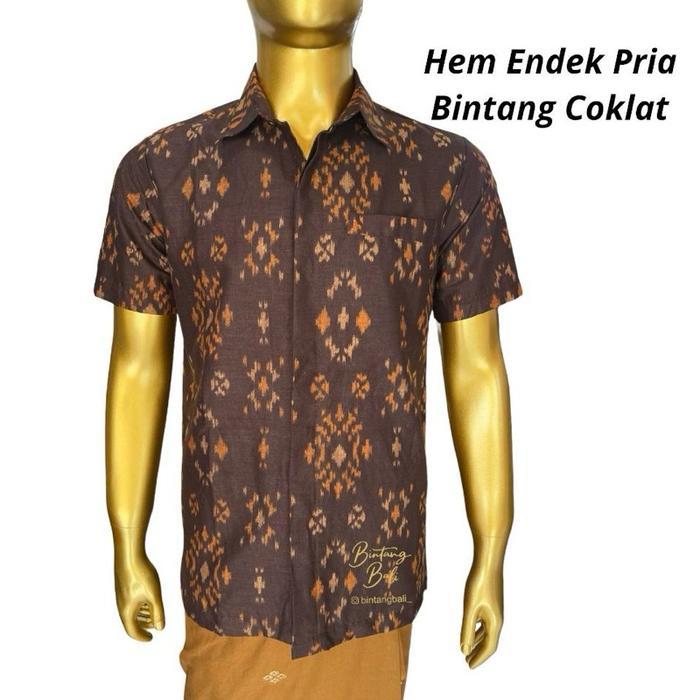 Bintang Bali Kemeja Endek Pria Bintang Bali Busana Lengan Pendek Coklat Hitam - Endek Bintang, M