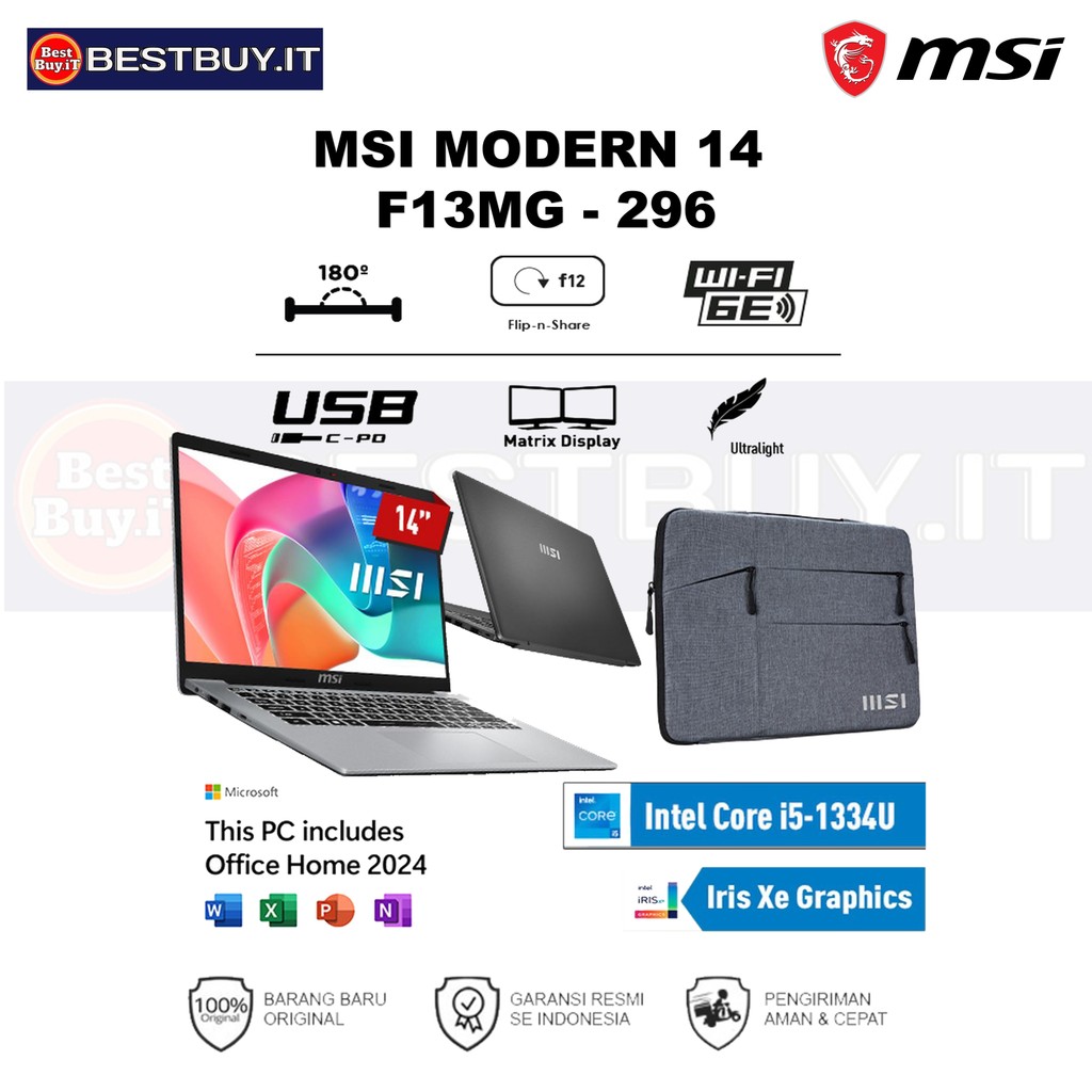 MSI MODERN 14 F13MG-296 - i5-1334U - 8GB - 512GB - INTEL IRIS XE GRAPHICS - 14" FHD - WIN11+OHS