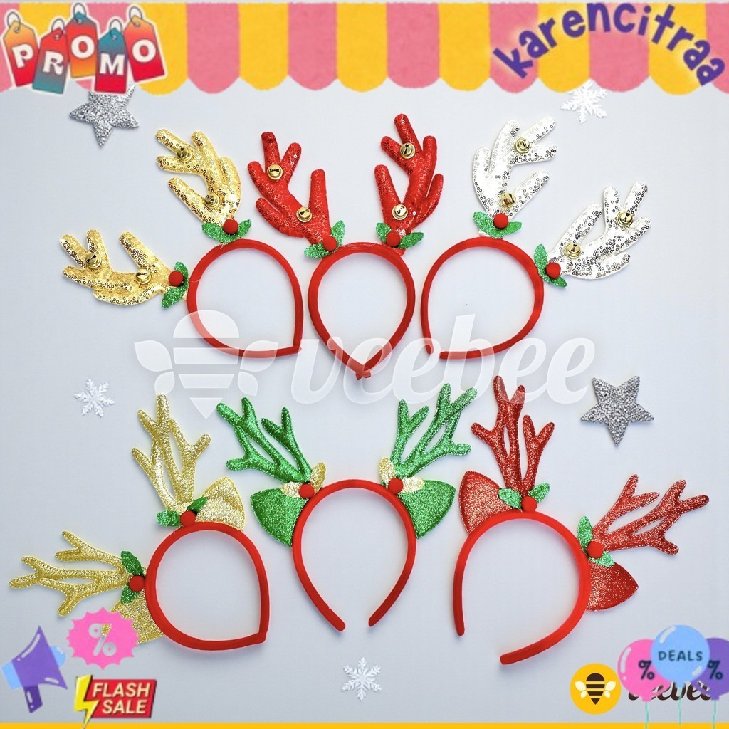 Bando Natal Rusa Borci Glitter Bel Besar (V89) | Telinga Glitter (V91) | Aksesoris Kepala Xmas TERLA