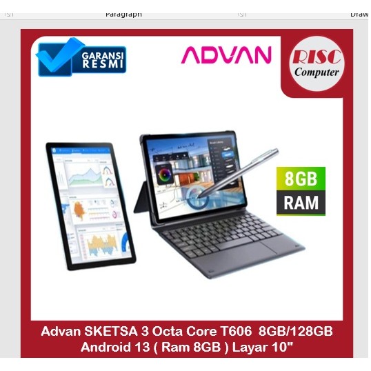 Advan SKETSA 3 Octa Core T606  8GB/128GB Android 13 ( Ram 8GB ) Layar 10"